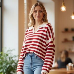 Striped Red and White Women's Cropped Sweater
